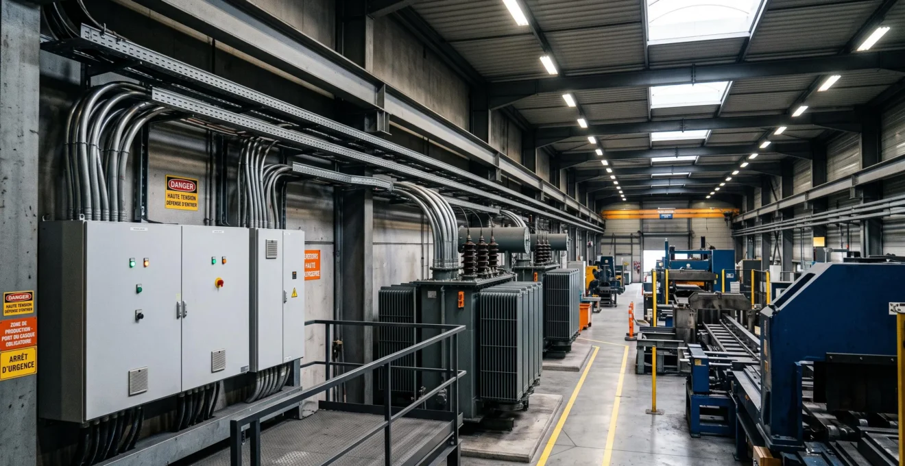 Atelier de production industriel français moderne avec ligne d'équipements électriques haute puissance (armoires électriques, transformateurs, câblage lourd calibre) et signalétique de sécurité réglementaire, installation électro-intensive en fonctionnement