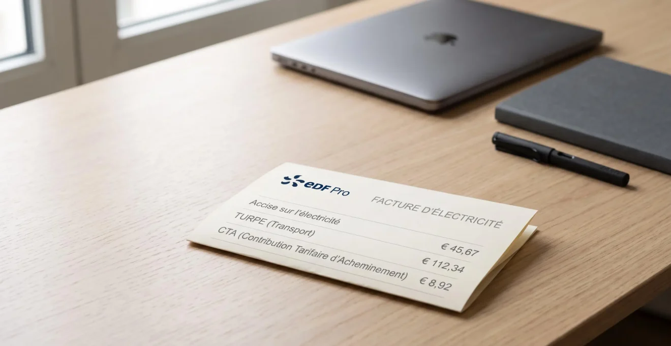Facture d'électricité professionnelle française posée sur bureau contemporain, avec détail visible des lignes de taxation (Accise, TURPE, CTA) et montants en euros