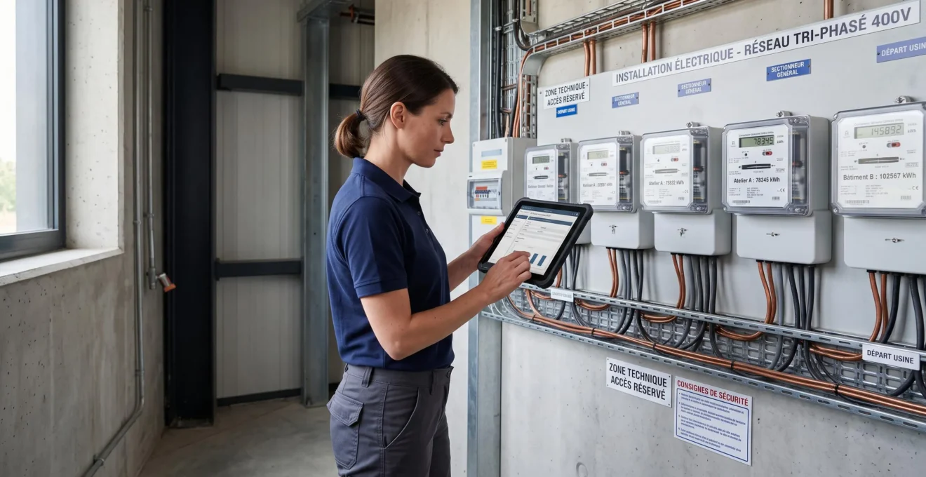 Technicien professionnel effectuant un relevé de consommation électrique sur des compteurs industriels tri-phasés muraux dans un local technique d'entreprise moderne en France, avec tablette numérique pour enregistrement des données