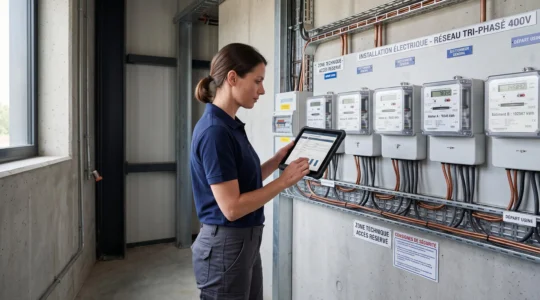 Technicien professionnel effectuant un relevé de consommation électrique sur des compteurs industriels tri-phasés muraux dans un local technique d'entreprise moderne en France, avec tablette numérique pour enregistrement des données
